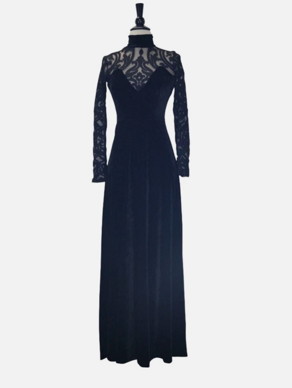 Long Sleeve Black Lace Velvet Maxi Dress